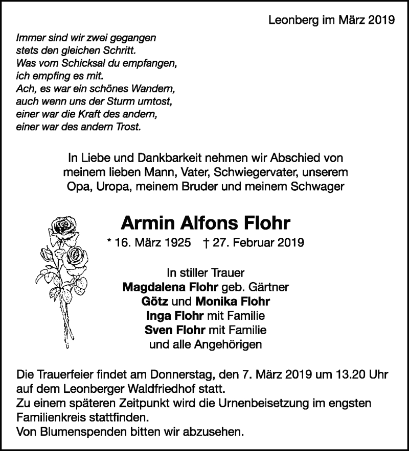  Traueranzeige für Armin Alfons Flohr vom 02.03.2019 aus Leonberger Kreiszeitung / Strohgäu Extra