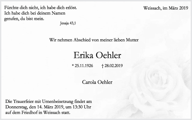  Traueranzeige für Erika Oehler vom 14.03.2019 aus Leonberger Kreiszeitung / Strohgäu Extra