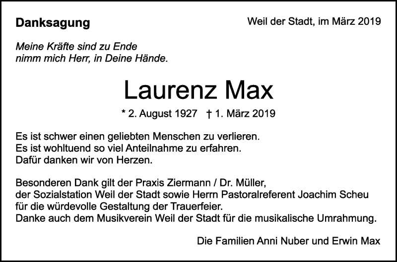 Traueranzeige für Laurenz Max vom 13.03.2019 aus Leonberger Kreiszeitung / Strohgäu Extra