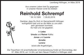 Traueranzeige von Reinhold Schrempf von Leonberger Kreiszeitung / Strohgäu Extra