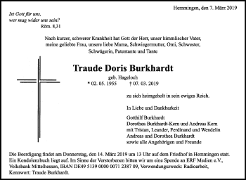 Traueranzeige von Traude Doris Burkhardt von Leonberger Kreiszeitung / Strohgäu Extra