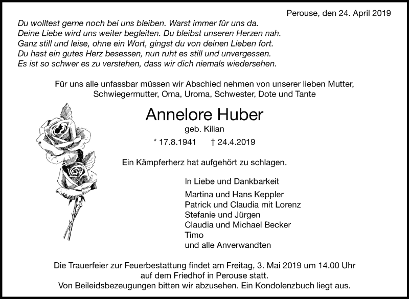  Traueranzeige für Annelore Huber vom 29.04.2019 aus Leonberger Kreiszeitung / Strohgäu Extra