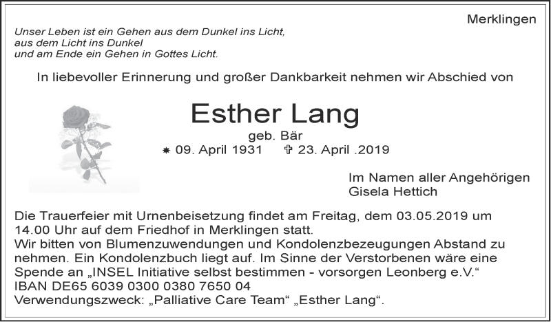  Traueranzeige für Esther Lang  vom 29.04.2019 aus Leonberger Kreiszeitung / Strohgäu Extra