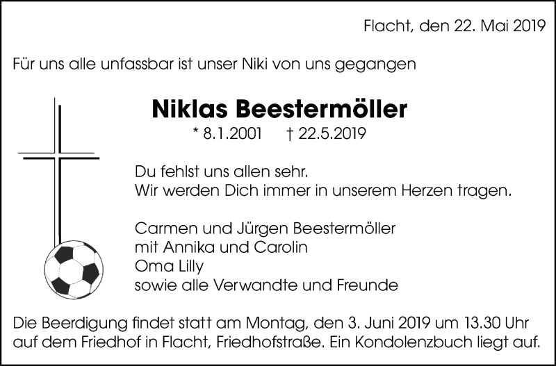  Traueranzeige für Niklas Beestermöller vom 29.05.2019 aus Leonberger Kreiszeitung / Strohgäu Extra