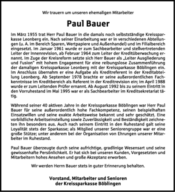 Traueranzeige von Paul Bauer von Leonberger Kreiszeitung / Strohgäu Extra