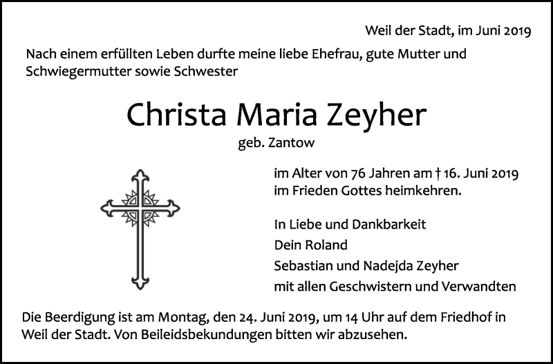  Traueranzeige für Christa Maria Zeyher vom 22.06.2019 aus Leonberger Kreiszeitung / Strohgäu Extra