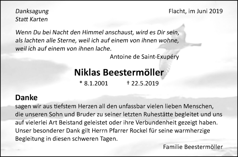  Traueranzeige für Niklas Beestermöller vom 08.06.2019 aus Leonberger Kreiszeitung / Strohgäu Extra