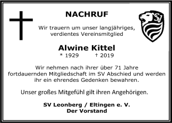 Traueranzeige von Alwine Kittel von Leonberger Kreiszeitung / Strohgäu Extra