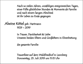 Traueranzeige von Alwine Kittet von Leonberger Kreiszeitung / Strohgäu Extra