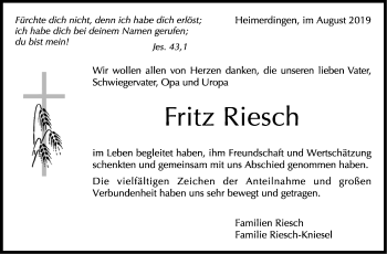 Traueranzeige von Fritz Riesch von Leonberger Kreiszeitung / Strohgäu Extra