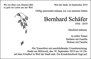 Traueranzeige von Bernhard Schäfer von Leonberger Kreiszeitung / Strohgäu Extra