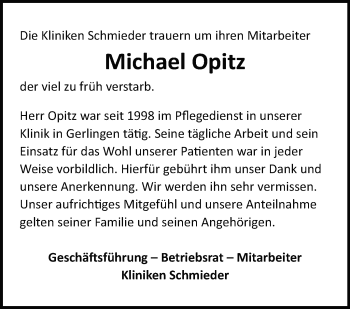 Traueranzeige von Michael Opitz von Leonberger Kreiszeitung / Strohgäu Extra