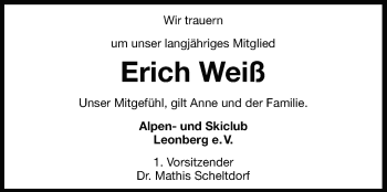 Traueranzeige von Erich Weiß von Leonberger Kreiszeitung