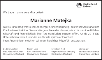 Traueranzeige von Marianne Matejka von Leonberger Kreiszeitung / Strohgäu Extra