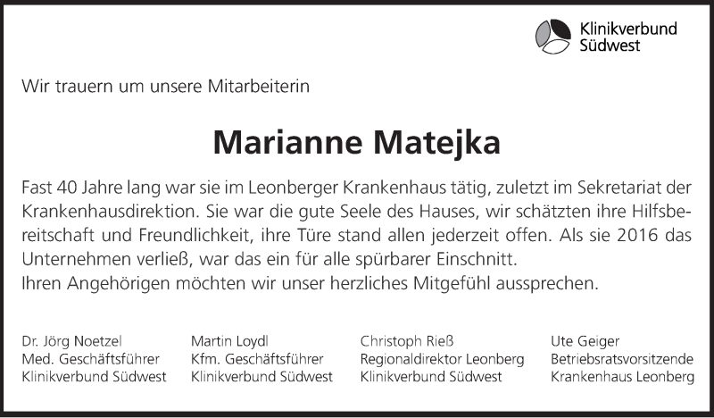  Traueranzeige für Marianne Matejka vom 24.01.2020 aus Leonberger Kreiszeitung / Strohgäu Extra
