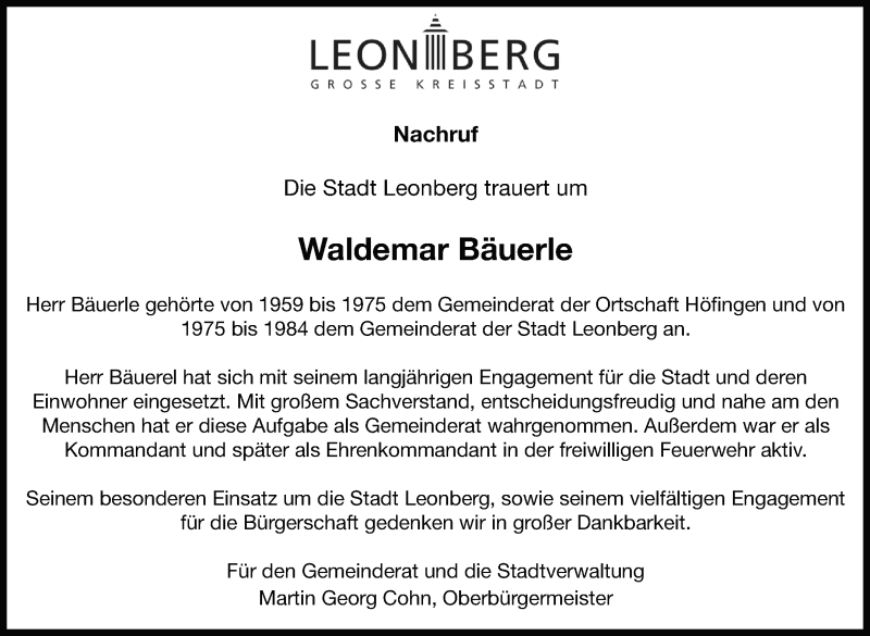  Traueranzeige für Waldemar Bäuerle vom 07.11.2020 aus Leonberger Kreiszeitung / Strohgäu Extra