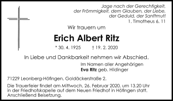Traueranzeige von Erich Albert Ritz von Leonberger Kreiszeitung / Strohgäu Extra