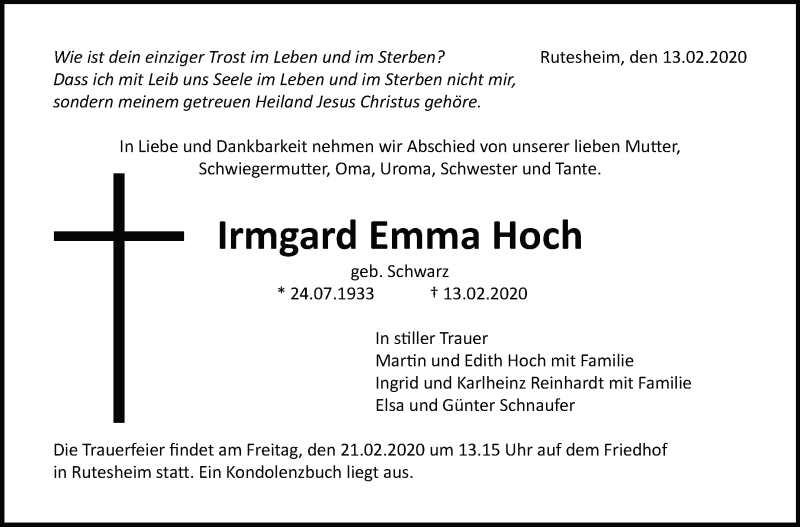  Traueranzeige für Irmgard Emma Hoch vom 19.02.2020 aus Leonberger Kreiszeitung / Strohgäu Extra