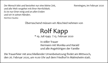 Traueranzeige von Rolf Kapp von Leonberger Kreiszeitung / Strohgäu Extra