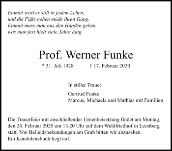 Traueranzeige von Werner Funke von Leonberger Kreiszeitung / Strohgäu Extra