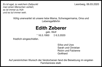 Traueranzeige von Edith Zeberer von Leonberger Kreiszeitung / Strohgäu Extra