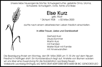 Traueranzeige von Else Kurz von Leonberger Kreiszeitung / Strohgäu Extra
