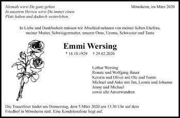 Traueranzeige von Emmi Wersing von Leonberger Kreiszeitung / Strohgäu Extra