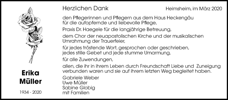  Traueranzeige für Erika Müller vom 21.03.2020 aus Leonberger Kreiszeitung / Strohgäu Extra