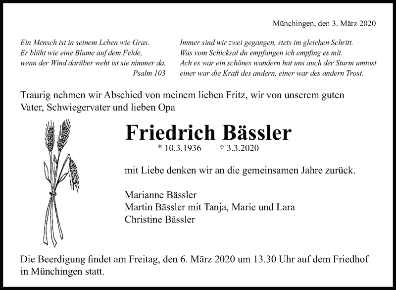  Traueranzeige für Friedrich Bässler vom 05.03.2020 aus Leonberger Kreiszeitung / Strohgäu Extra