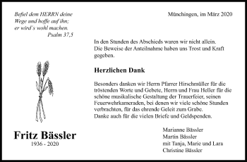 Traueranzeige von Fritz Bässler von Leonberger Kreiszeitung / Strohgäu Extra