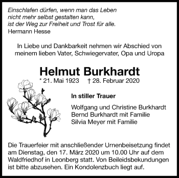 Traueranzeige von Helmut Burkhardt von Leonberger Kreiszeitung / Strohgäu Extra