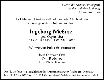 Traueranzeige von Ingeborg Meßmer von Leonberger Kreiszeitung / Strohgäu Extra