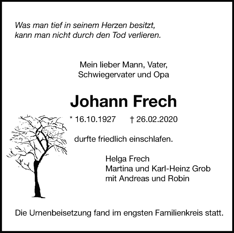  Traueranzeige für Johann Frech vom 14.03.2020 aus Leonberger Kreiszeitung / Strohgäu Extra