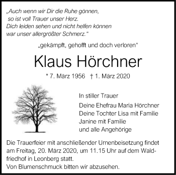 Traueranzeige von Klaus Hörchner von Leonberger Kreiszeitung / Strohgäu Extra