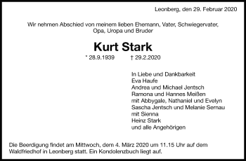 Traueranzeige von Kurt Stark von Leonberger Kreiszeitung / Strohgäu Extra