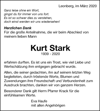 Traueranzeige von Kurt Stark von Leonberger Kreiszeitung / Strohgäu Extra