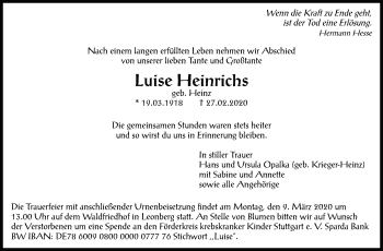 Traueranzeige von Luise Heinrichs von Leonberger Kreiszeitung / Strohgäu Extra