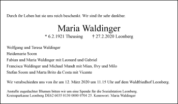 Traueranzeige von Maria Waldinger von Leonberger Kreiszeitung / Strohgäu Extra