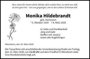 Traueranzeige von Monika Hildebrandt von Leonberger Kreiszeitung / Strohgäu Extra