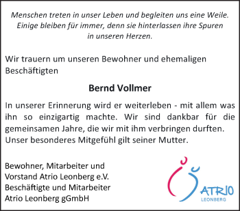 Traueranzeige von Bernd Vollmer von Leonberger Kreiszeitung / Strohgäu Extra