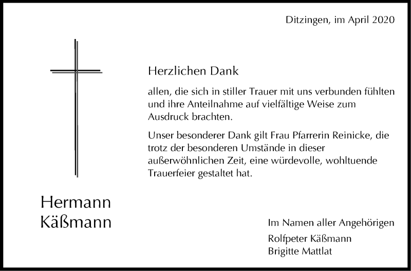  Traueranzeige für Hermann Käßmann vom 16.04.2020 aus Leonberger Kreiszeitung / Strohgäu Extra