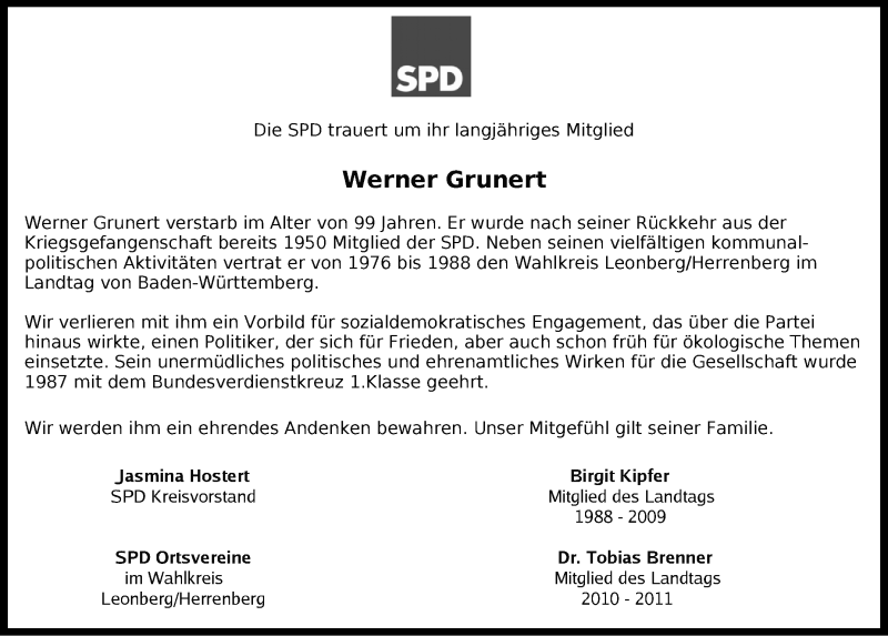  Traueranzeige für Werner Grunert vom 08.04.2020 aus Leonberger Kreiszeitung / Strohgäu Extra