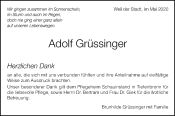 Traueranzeige von Adolf Grüssinger von Leonberger Kreiszeitung / Strohgäu Extra