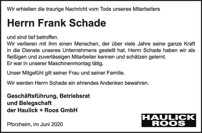  Traueranzeige für Frank Schade vom 13.06.2020 aus Leonberger Kreiszeitung / Strohgäu Extra