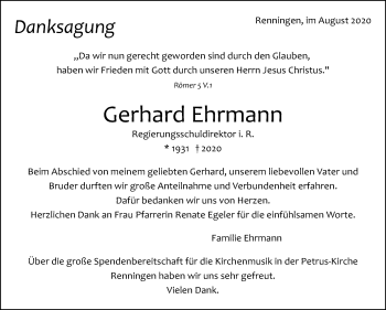 Traueranzeige von Gerhard Ehrmann von Leonberger Kreiszeitung / Strohgäu Extra