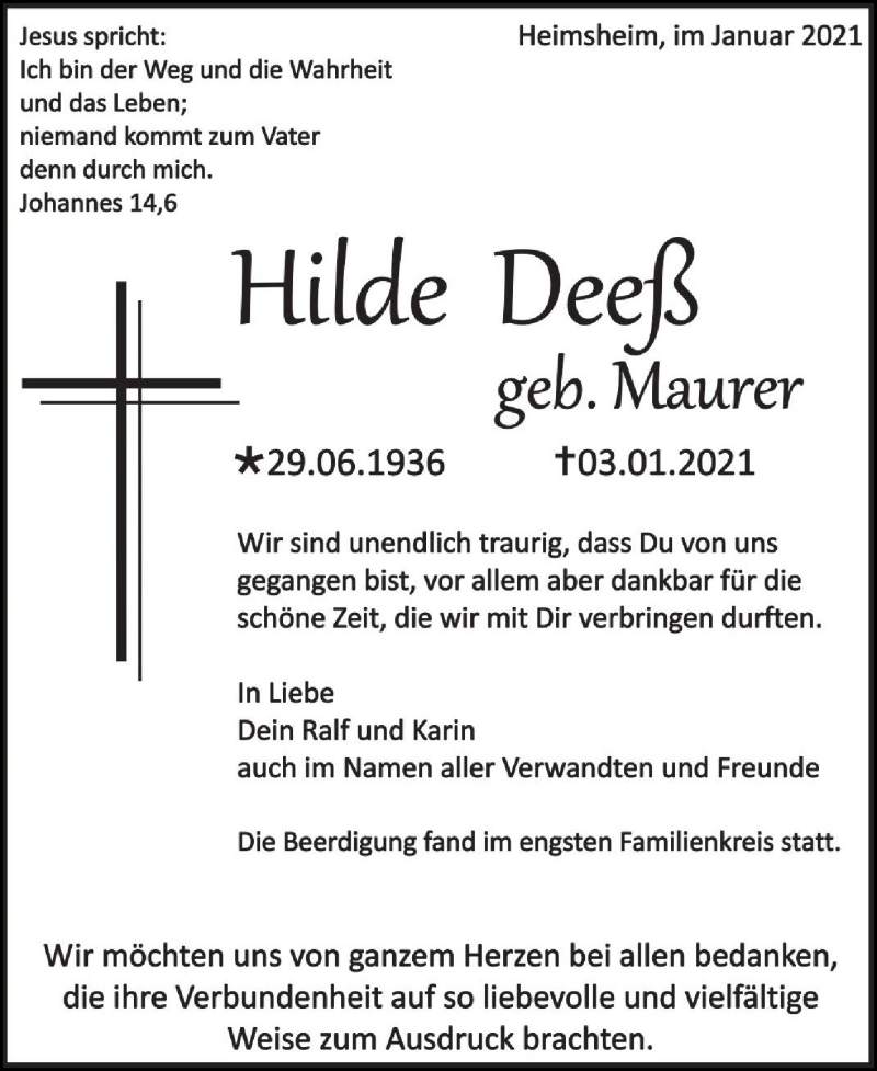 Traueranzeige für Hilde Deeß vom 16.01.2021 aus Leonberger Kreiszeitung / Strohgäu Extra