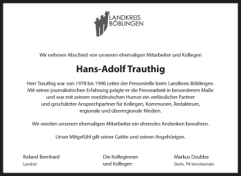 Traueranzeige von Hans-Adolf Trauthig von Leonberger Kreiszeitung / Strohgäu Extra