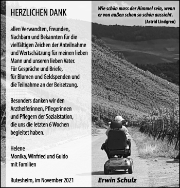 Traueranzeige von Erwin Schulz von Leonberger Kreiszeitung / Strohgäu Extra