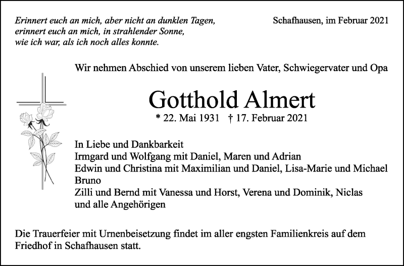  Traueranzeige für Gotthold Almert vom 24.02.2021 aus Leonberger Kreiszeitung / Strohgäu Extra