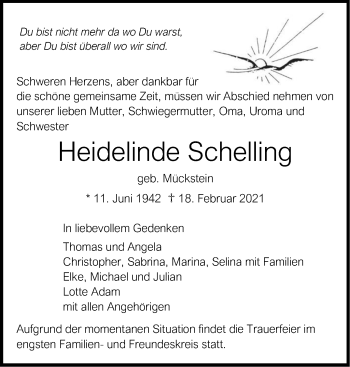 Traueranzeige von Heidelinde Schelling von Leonberger Kreiszeitung / Strohgäu Extra